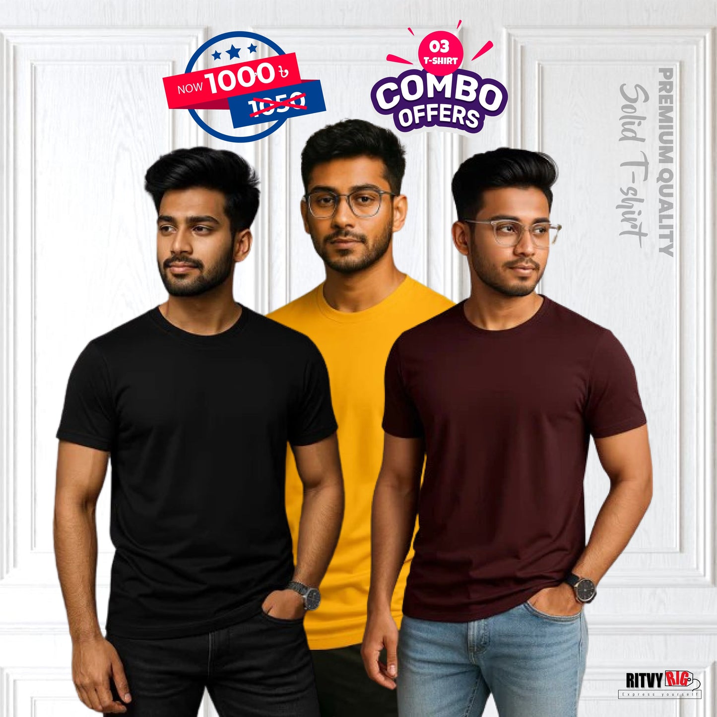 Premium Quality Solid T-shirt Combo (3pcs) - Black, Yellow, Coffee