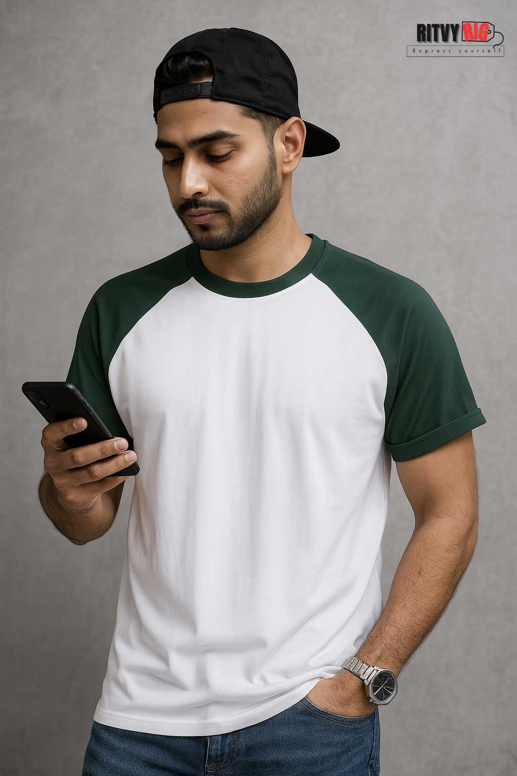 Raglan Half Sleeve T-shirt - White & Green