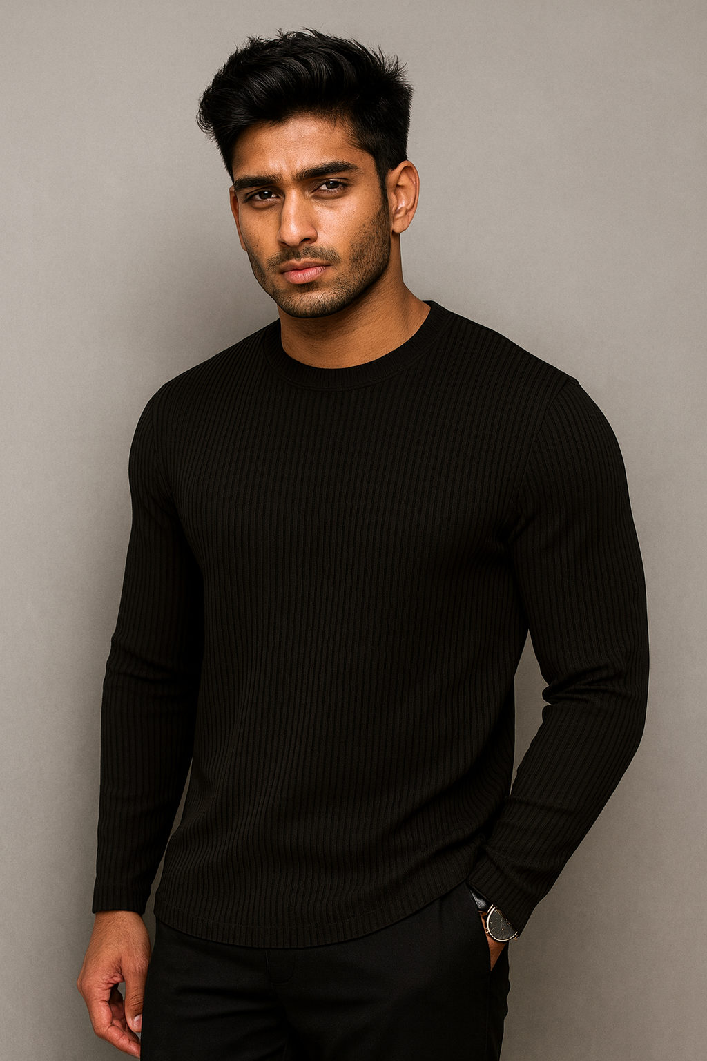 Premium RIB Cotton Full Sleeve T-shirt - Black