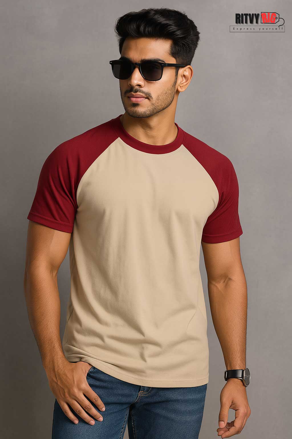 Raglan Half Sleeve T-shirt - Beige & Maroon
