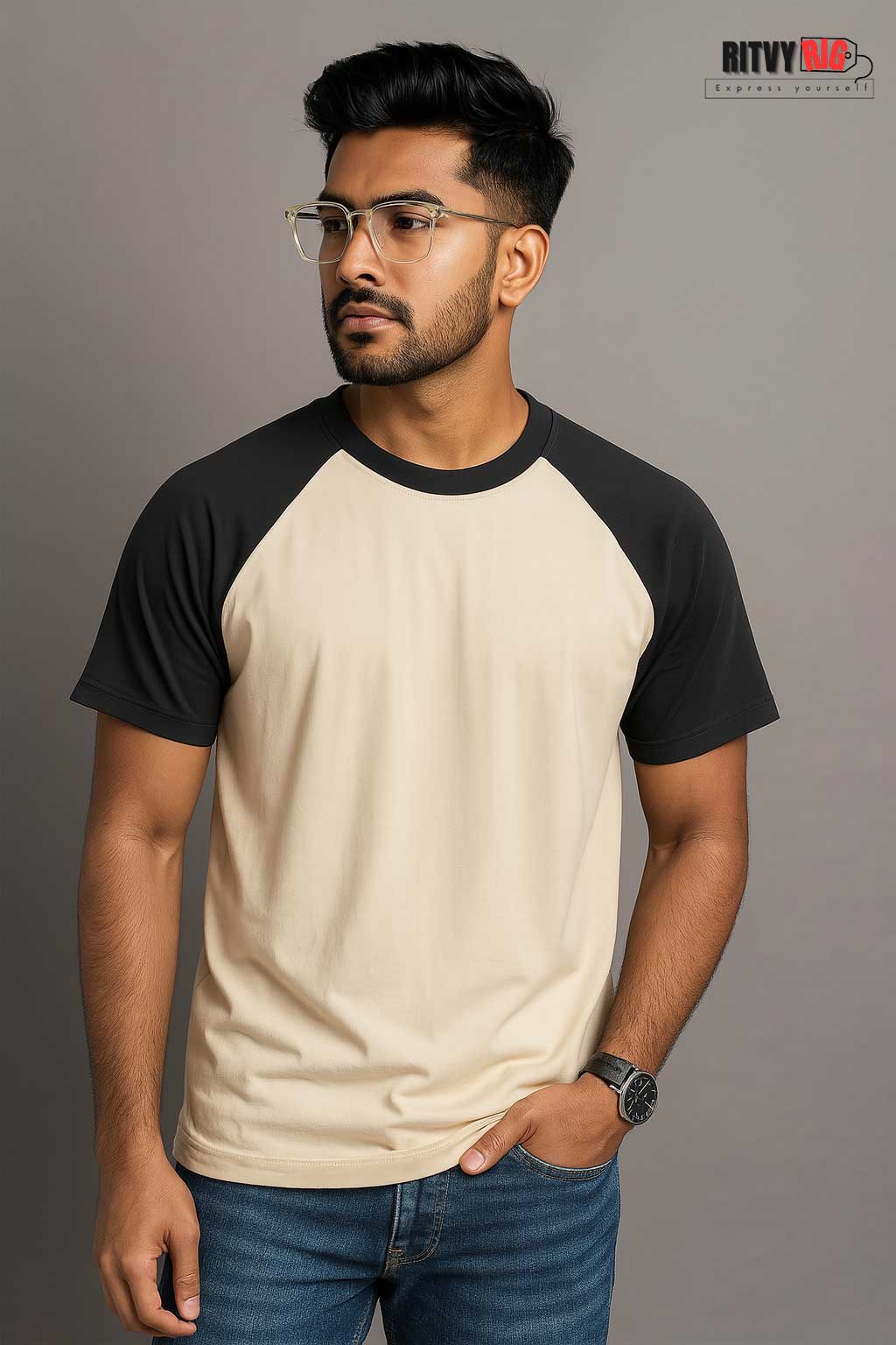 Raglan Half Sleeve T-shirt - Beige & Black