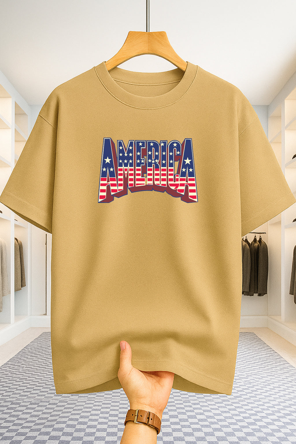 Drop Shoulder T-shirt - America - Beige
