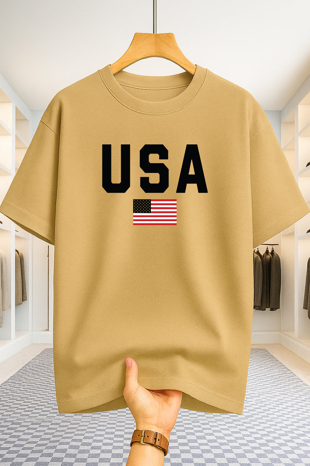 Drop Shoulder T-shirt - USA - Beige