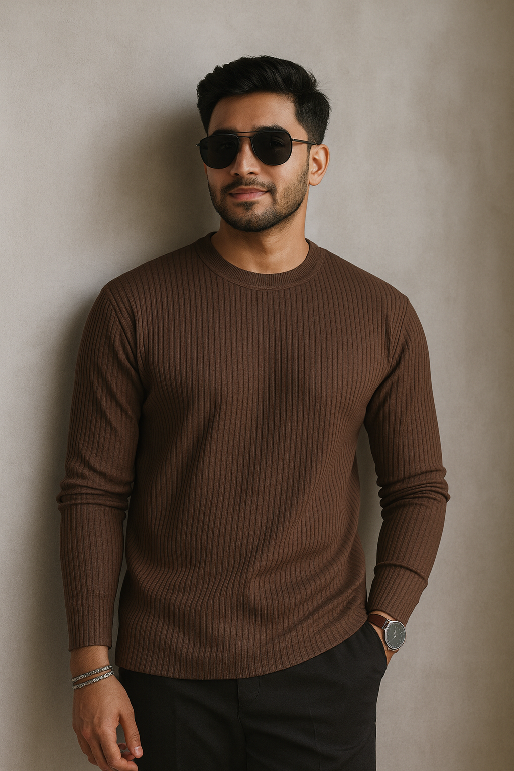 Premium RIB Cotton Full Sleeve T-shirt - Chocolate