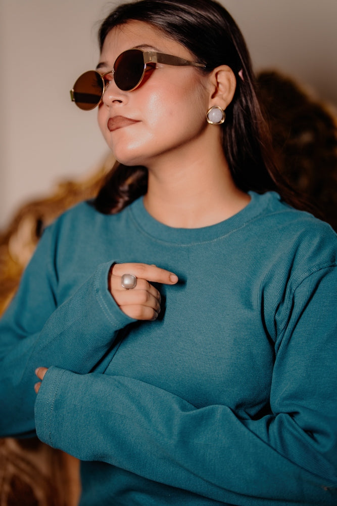 Women's RIB Cotton Full Sleeve T-shirt - Deep Blue