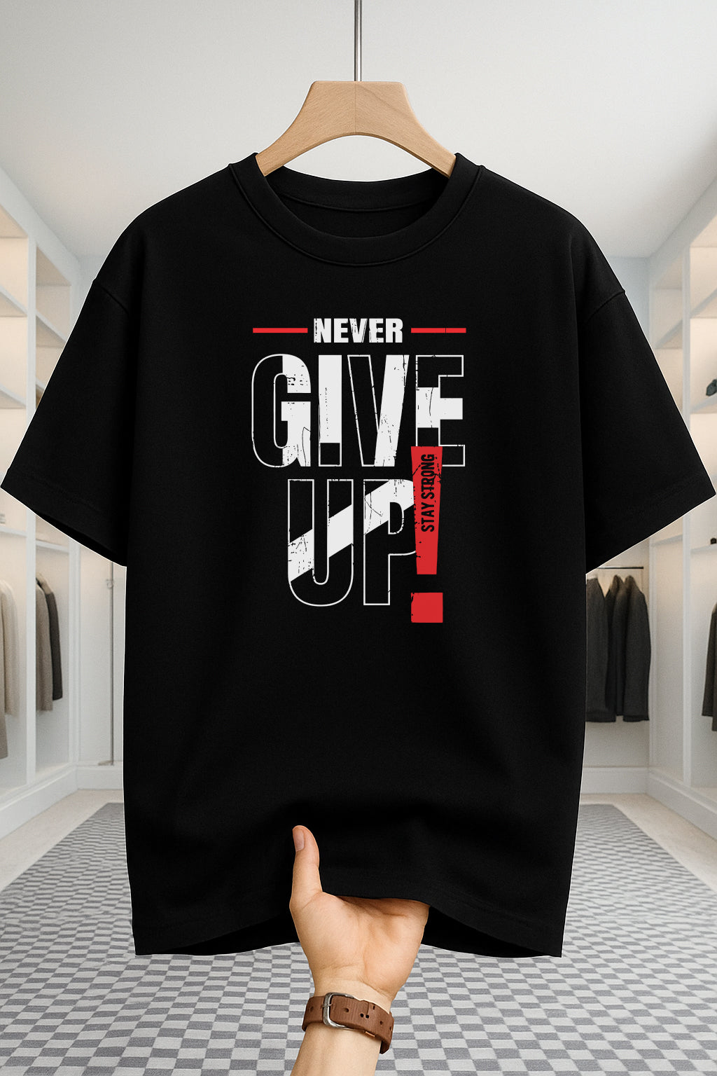 Drop Shoulder T-shirt - Never Give UP - Black