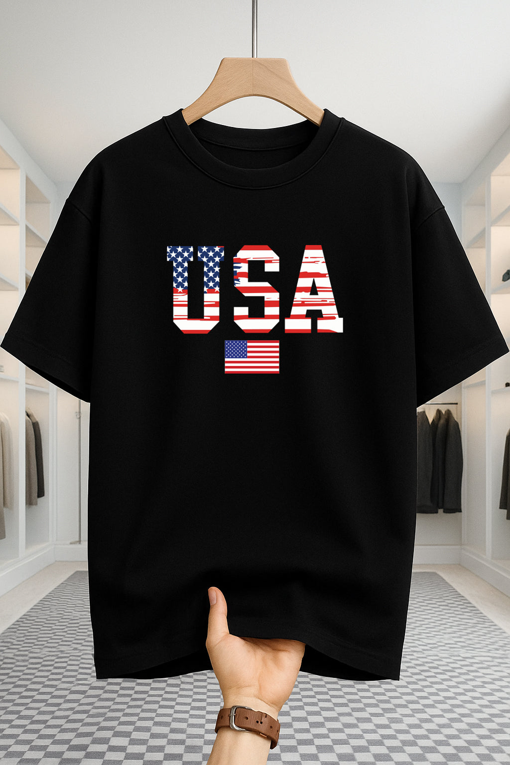 Drop Shoulder T-shirt - USA Star Flag - Black