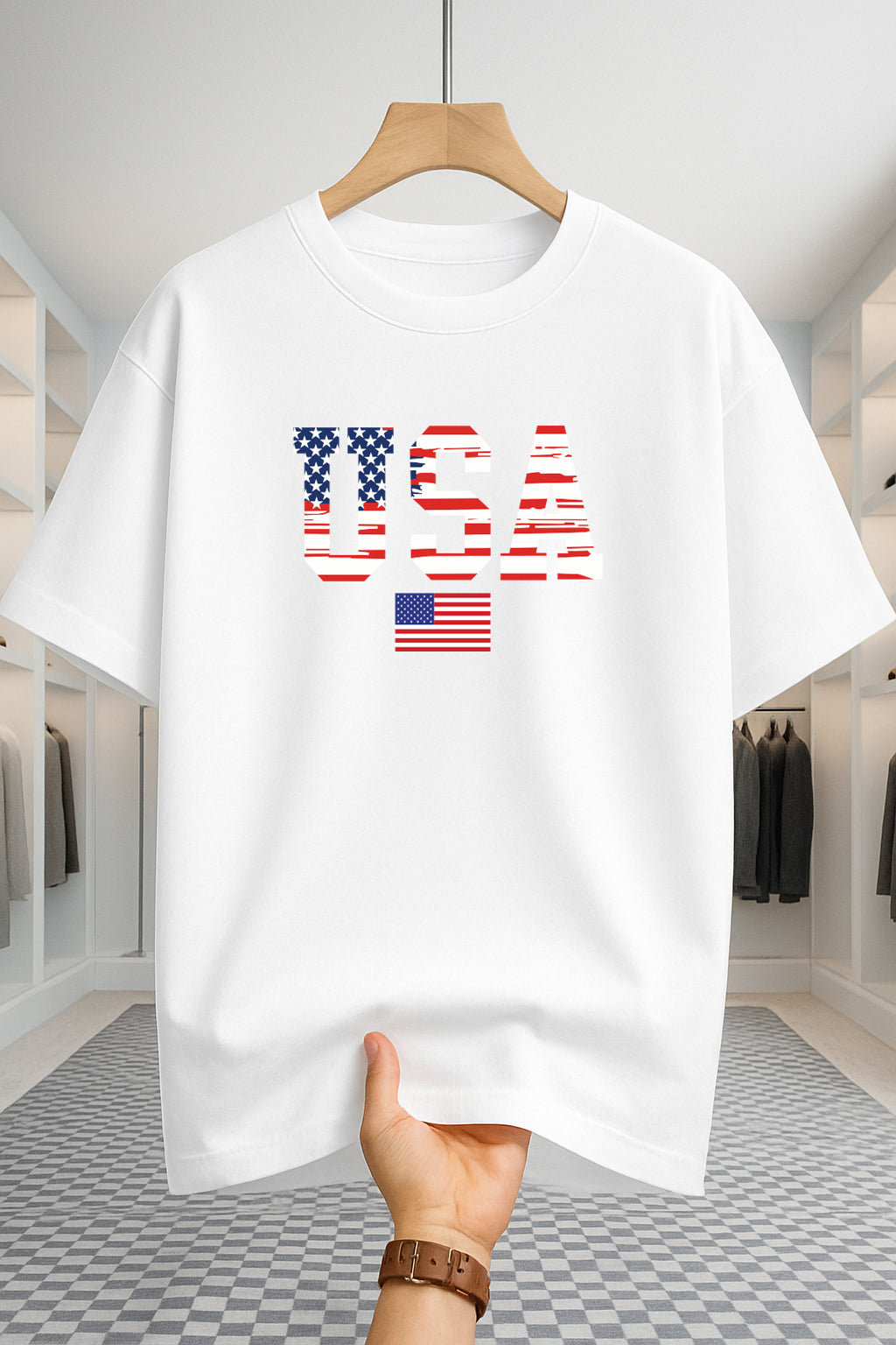 Drop Shoulder T-shirt - USA Star Flag - White