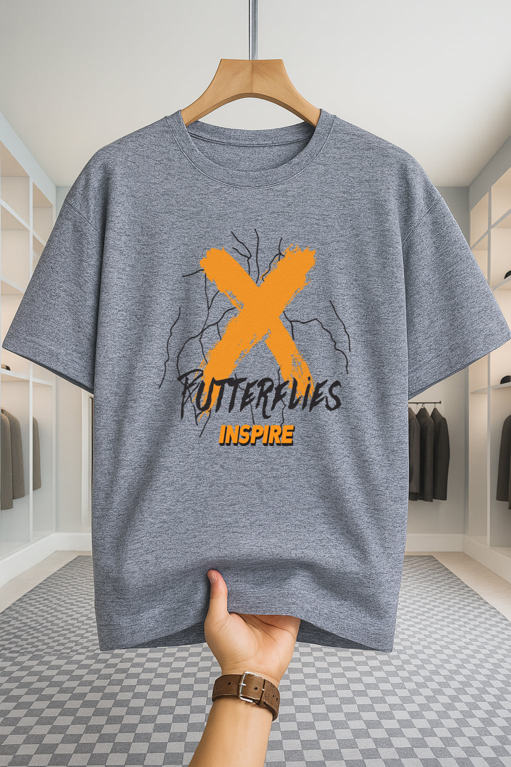 Drop Shoulder T-shirt - Butterflies - Ash