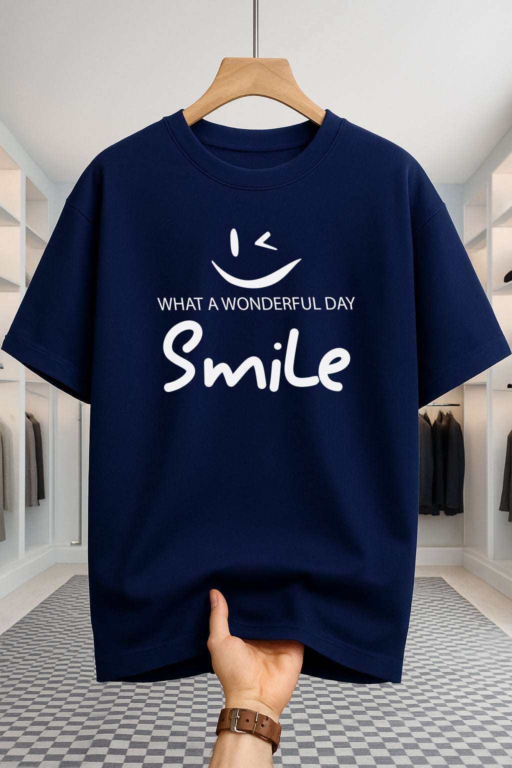 Drop Shoulder T-shirt - Smile - Navy Blue