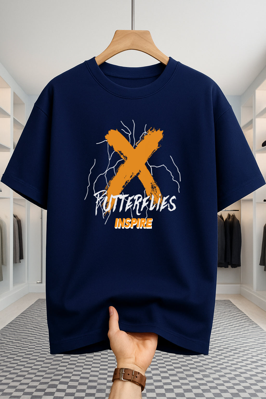 Drop Shoulder T-shirt - Butterflies - Navy Blue