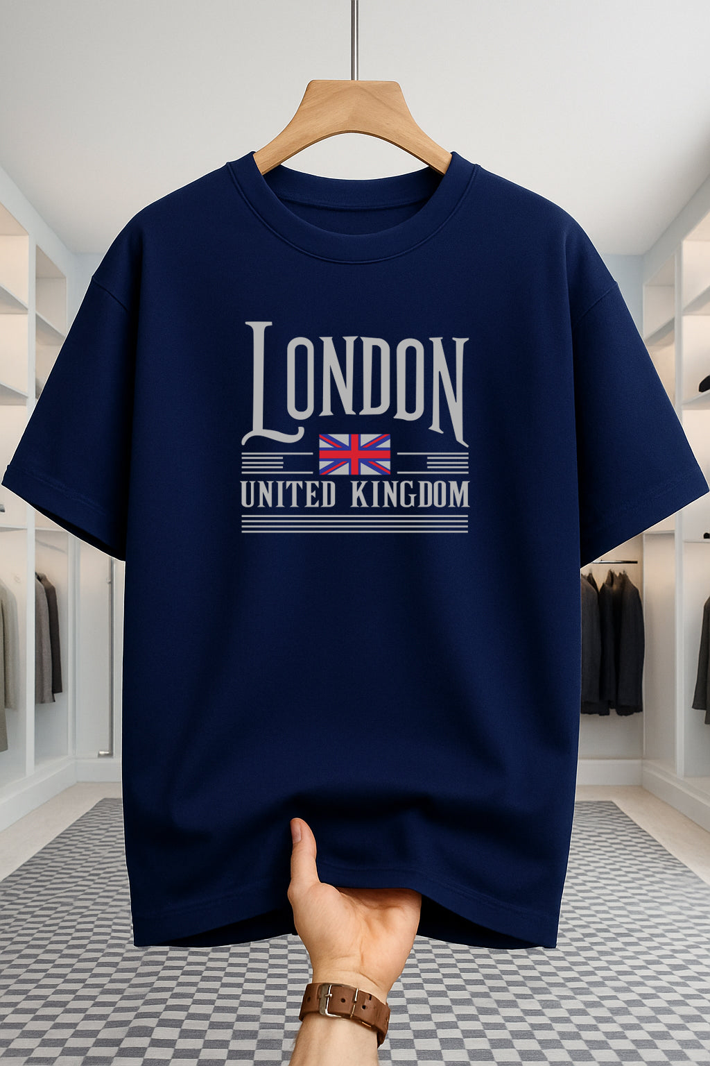 Drop Shoulder T-shirt - London UK Flag - Navy Blue