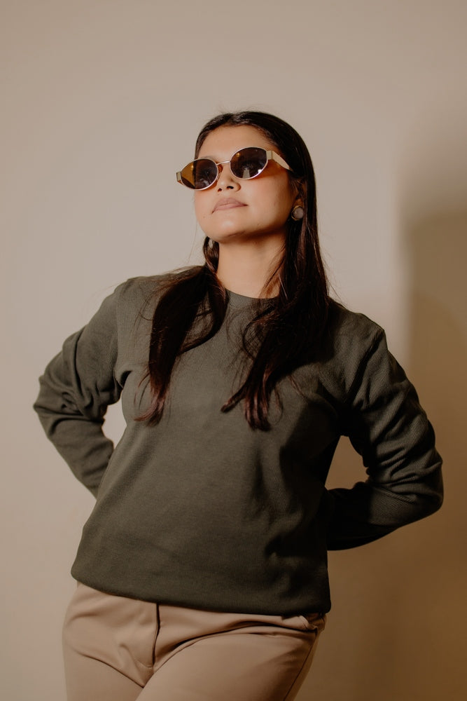 Women's RIB Cotton Full Sleeve T-shirt - Olive