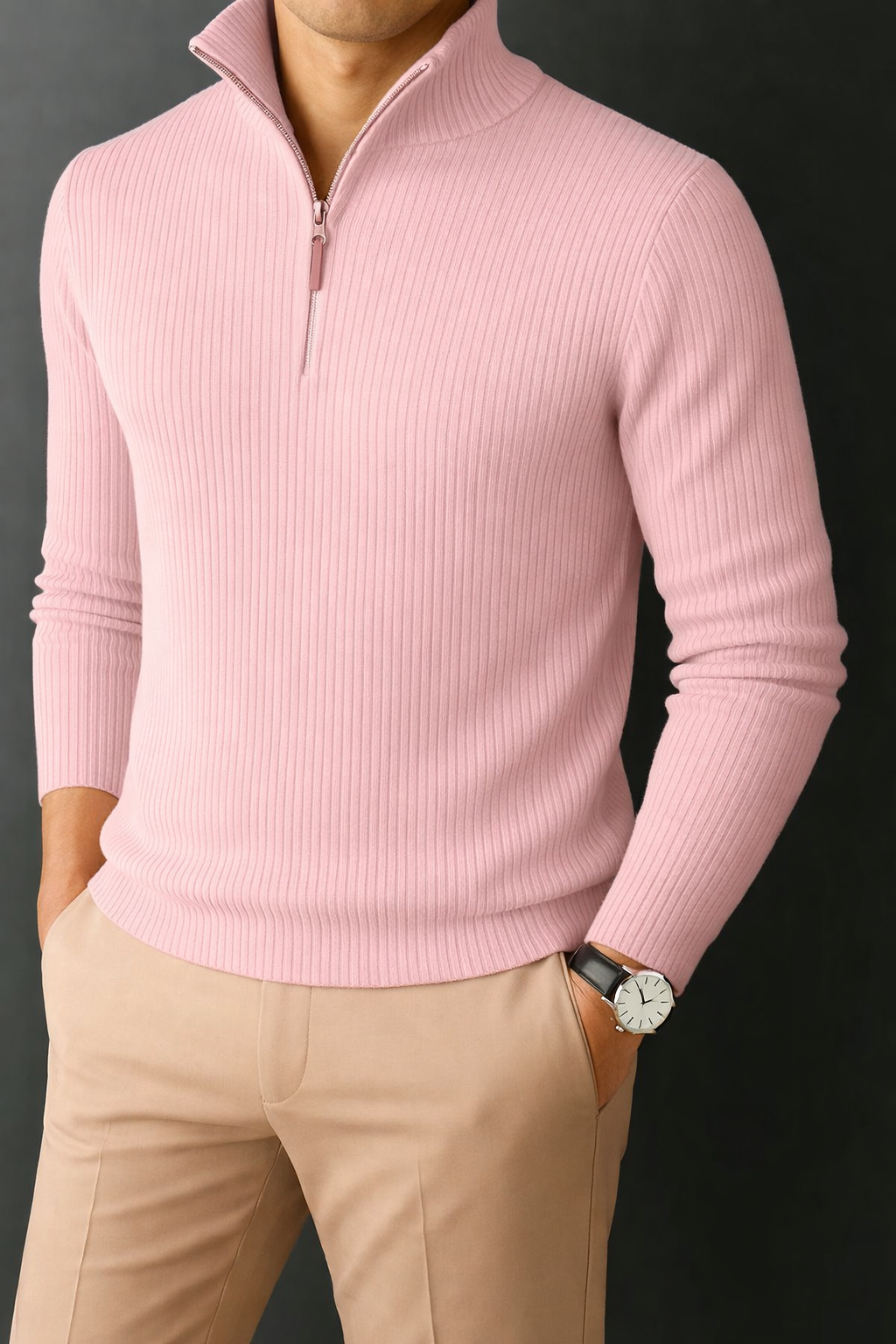 Premium Zipper RIB Cotton T-shirt - Pink