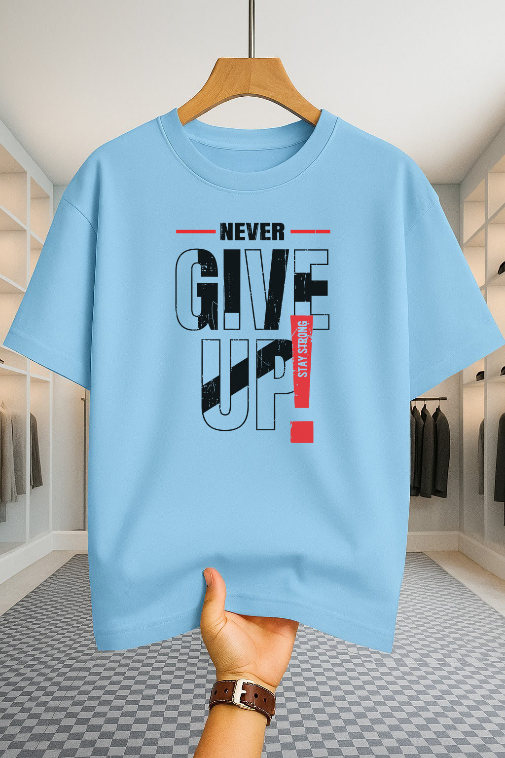 Drop Shoulder T-shirt - Never Give UP - Sky Blue