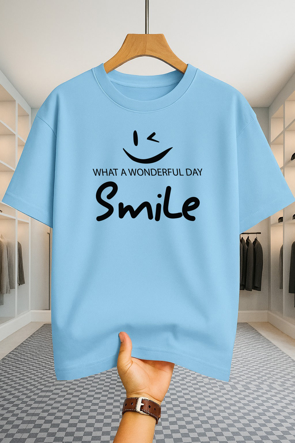 Drop Shoulder T-shirt - Smile - Sky Blue