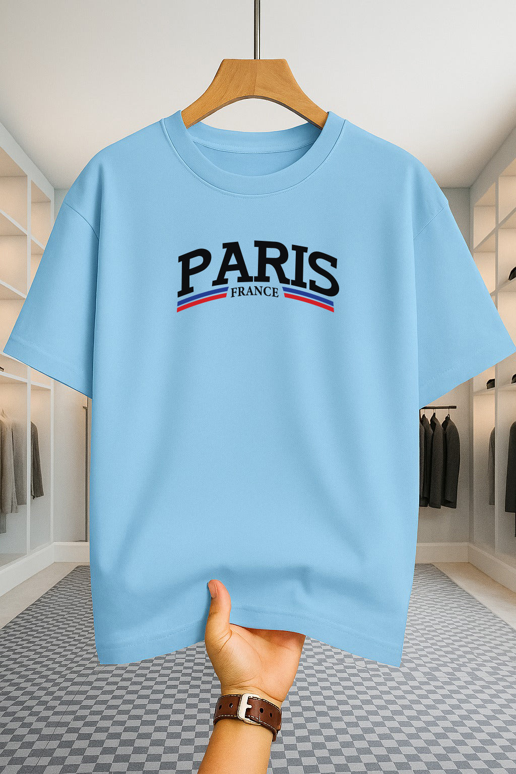Drop Shoulder T-shirt - Paris 2 Stripe - Sky Blue