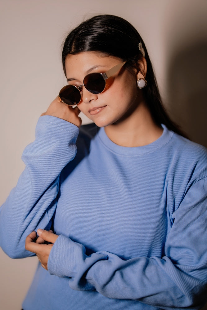 Women's RIB Cotton Full Sleeve T-shirt - Sky