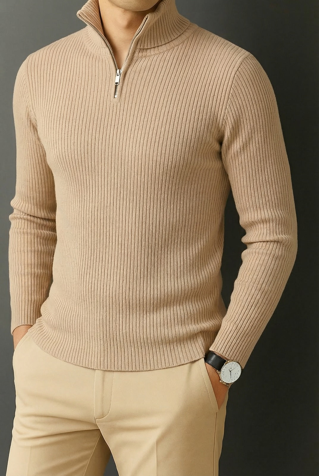 Premium Zipper RIB Cotton T-shirt - Vanilla