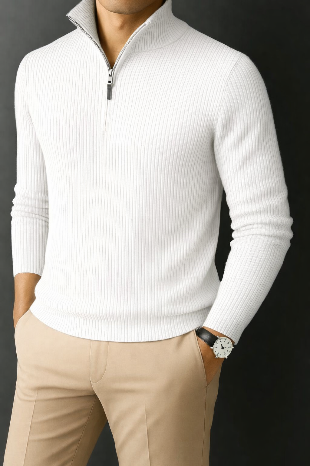 Premium Zipper RIB Cotton T-shirt - White