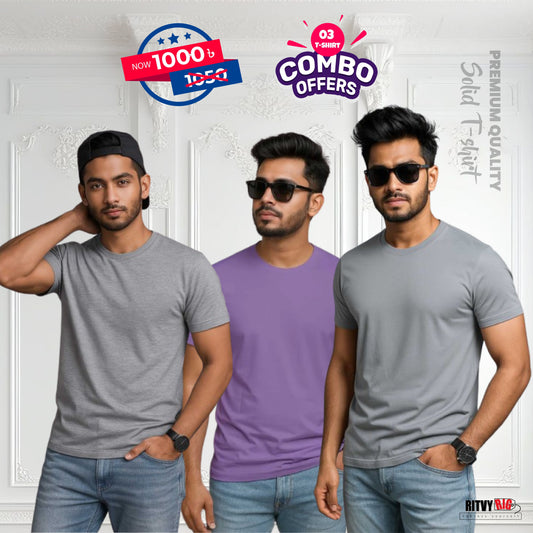 Premium Quality Solid T-shirt Combo (3pcs)- Ash, Purple, Silver