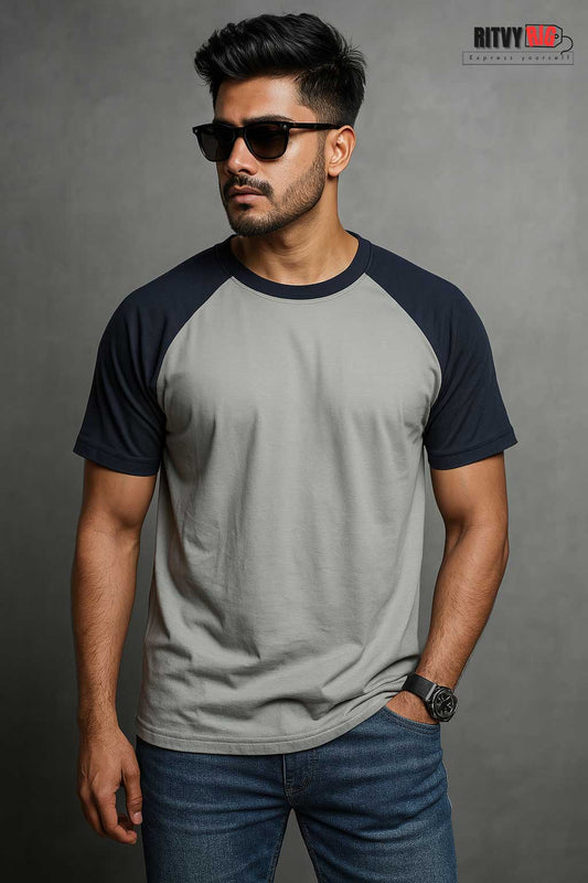 Raglan Half Sleeve T-shirt - Silver & Navy Blue