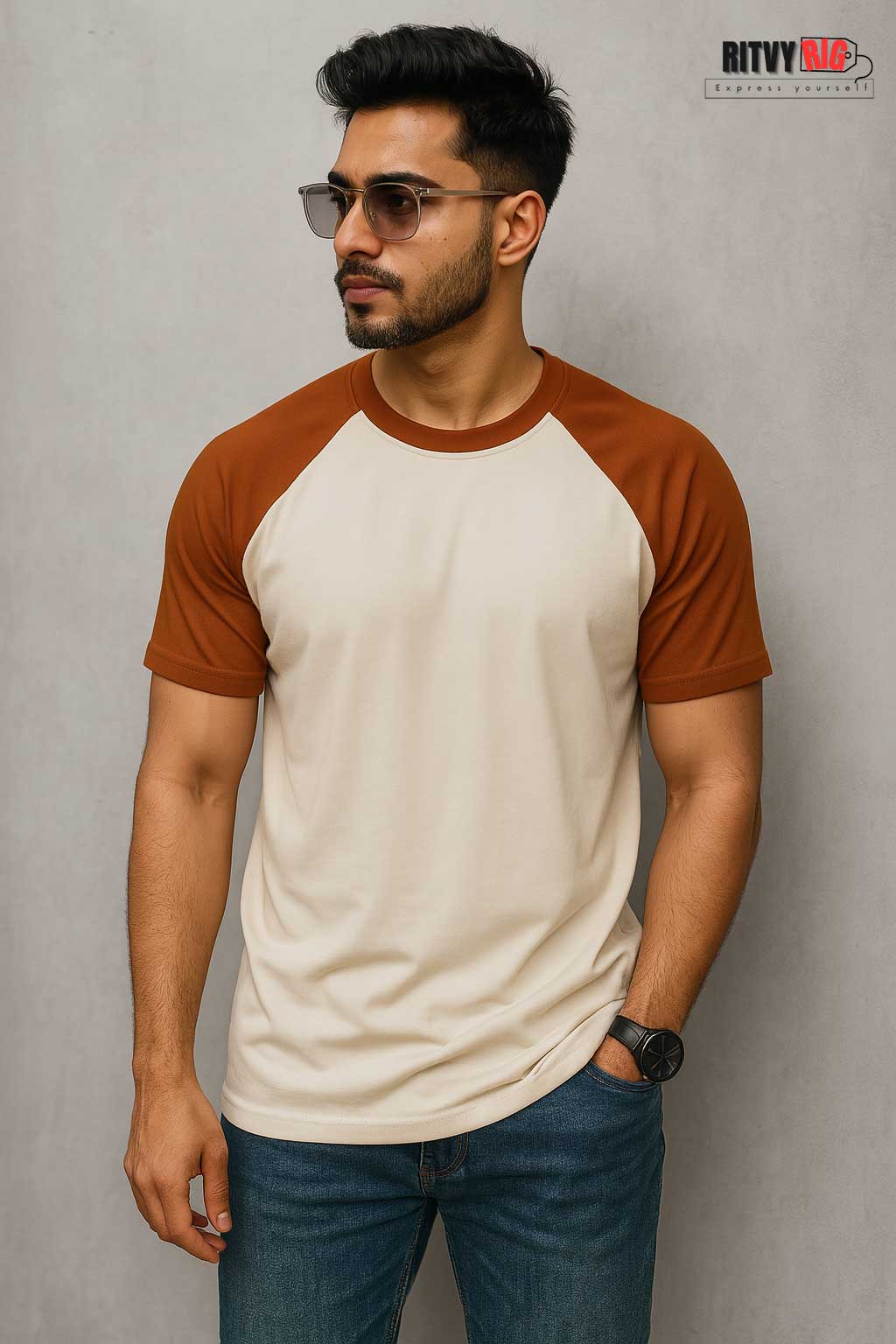 Raglan Half Sleeve T-shirt - Beige & Orange