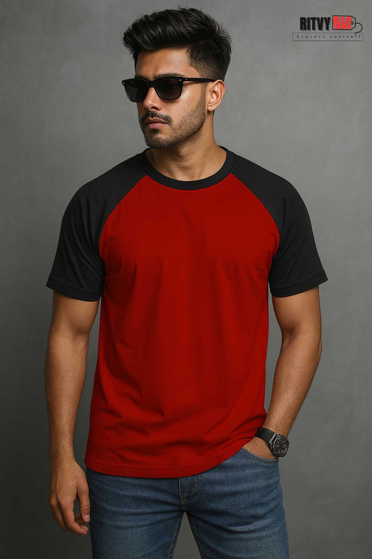 Raglan Half Sleeve T-shirt - Red & Black