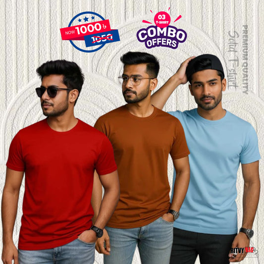 Premium Quality Solid T-shirt Combo (3pcs) - Red, Orange, Sky Blue