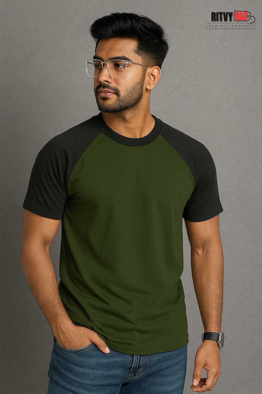 Raglan Half Sleeve T-shirt - Olive & Black