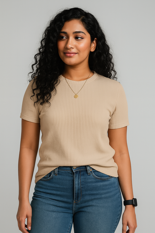 Premium Quality RIB T-shirt for Women - Beige