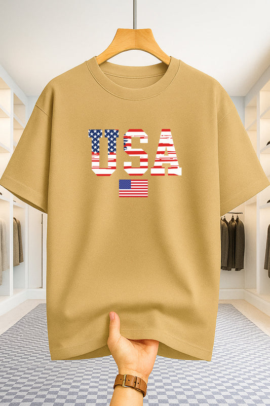 Drop Shoulder T-shirt - USA Star Flag - Beige