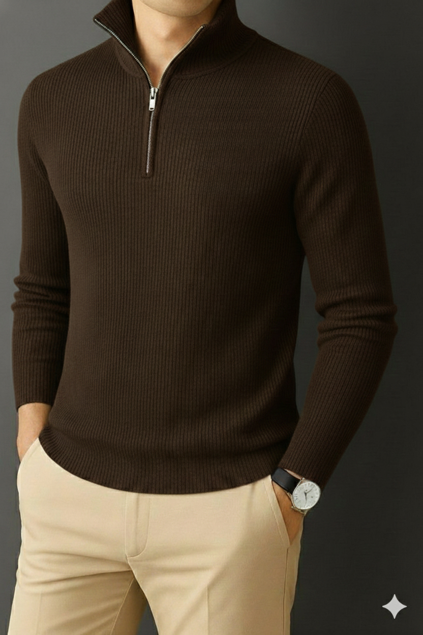 Premium Zipper RIB Cotton T-shirt -  Chocolate