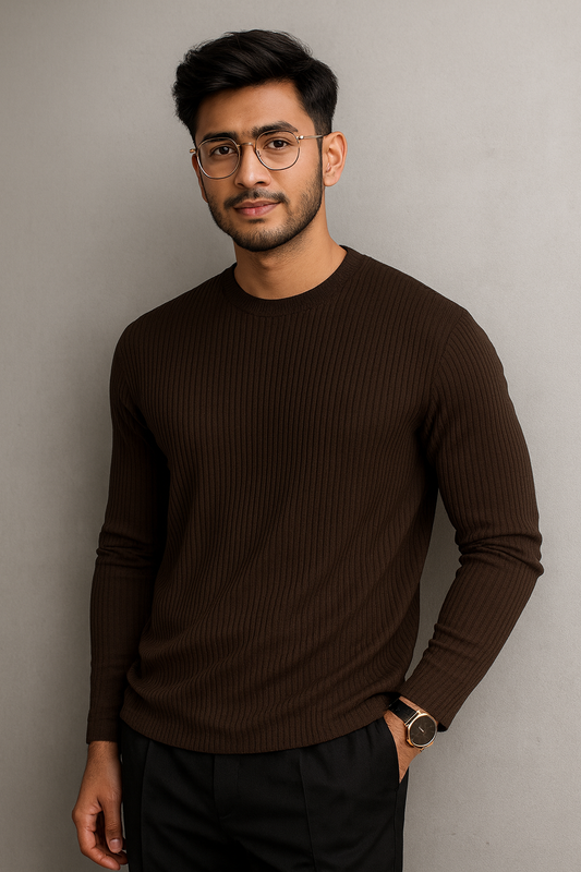 Premium RIB Cotton Full Sleeve T-shirt - Coffee