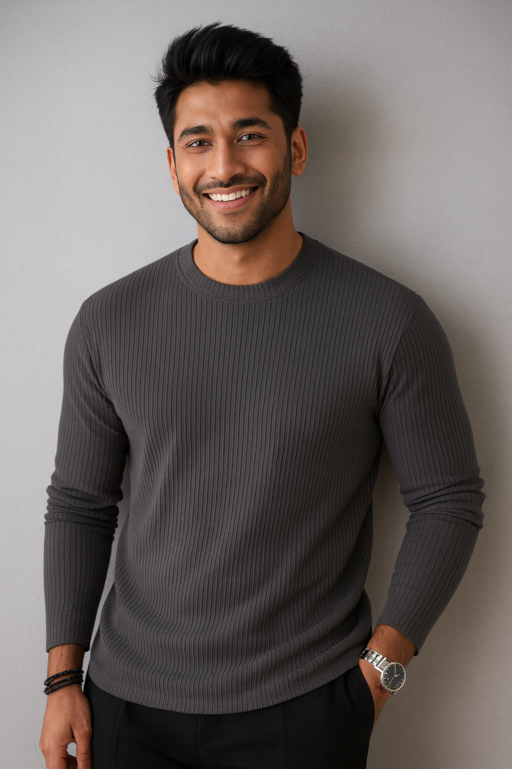 Premium RIB Cotton Full Sleeve T-shirt - Dark Grey