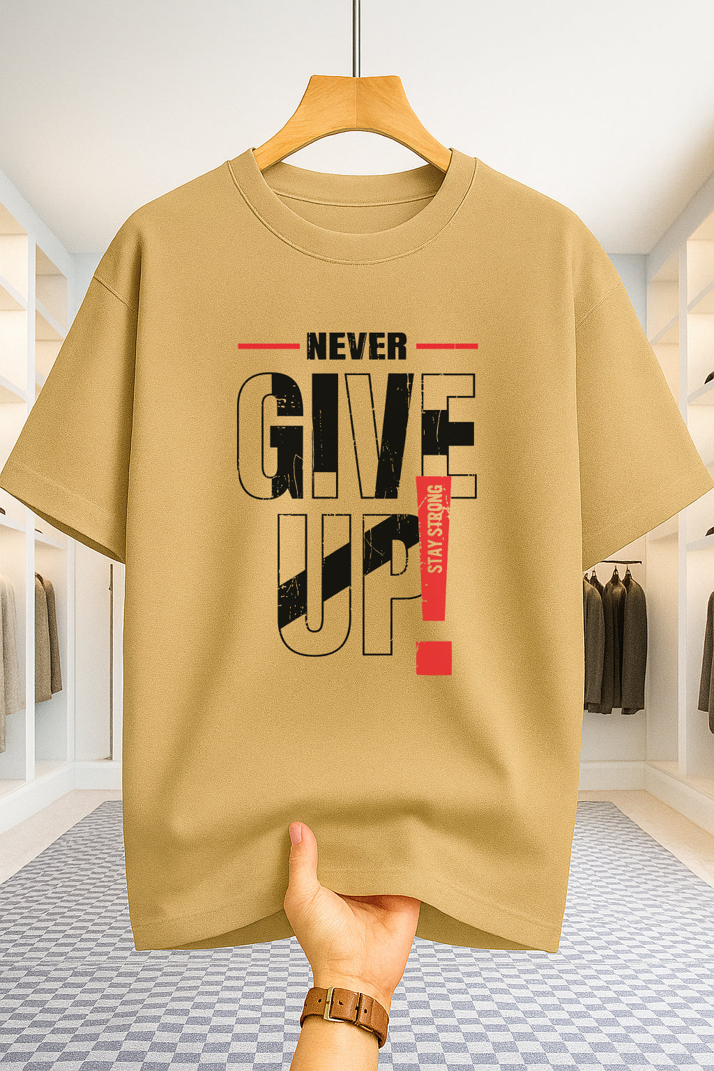 Drop Shoulder T-shirt - Never Give UP - Beige