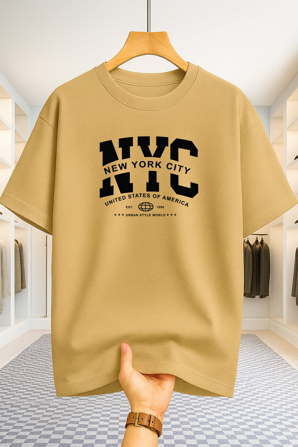 Drop Shoulder T-shirt - NewYork City - Beige