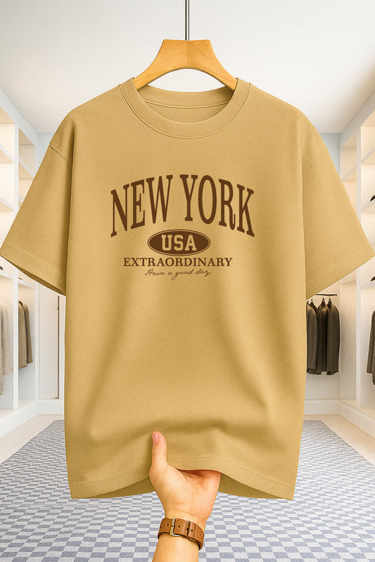 Drop Shoulder T-shirt - NewYork USA - Beige