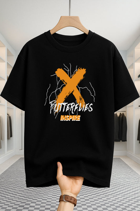 Drop Shoulder T-shirt - Butterflies - Black