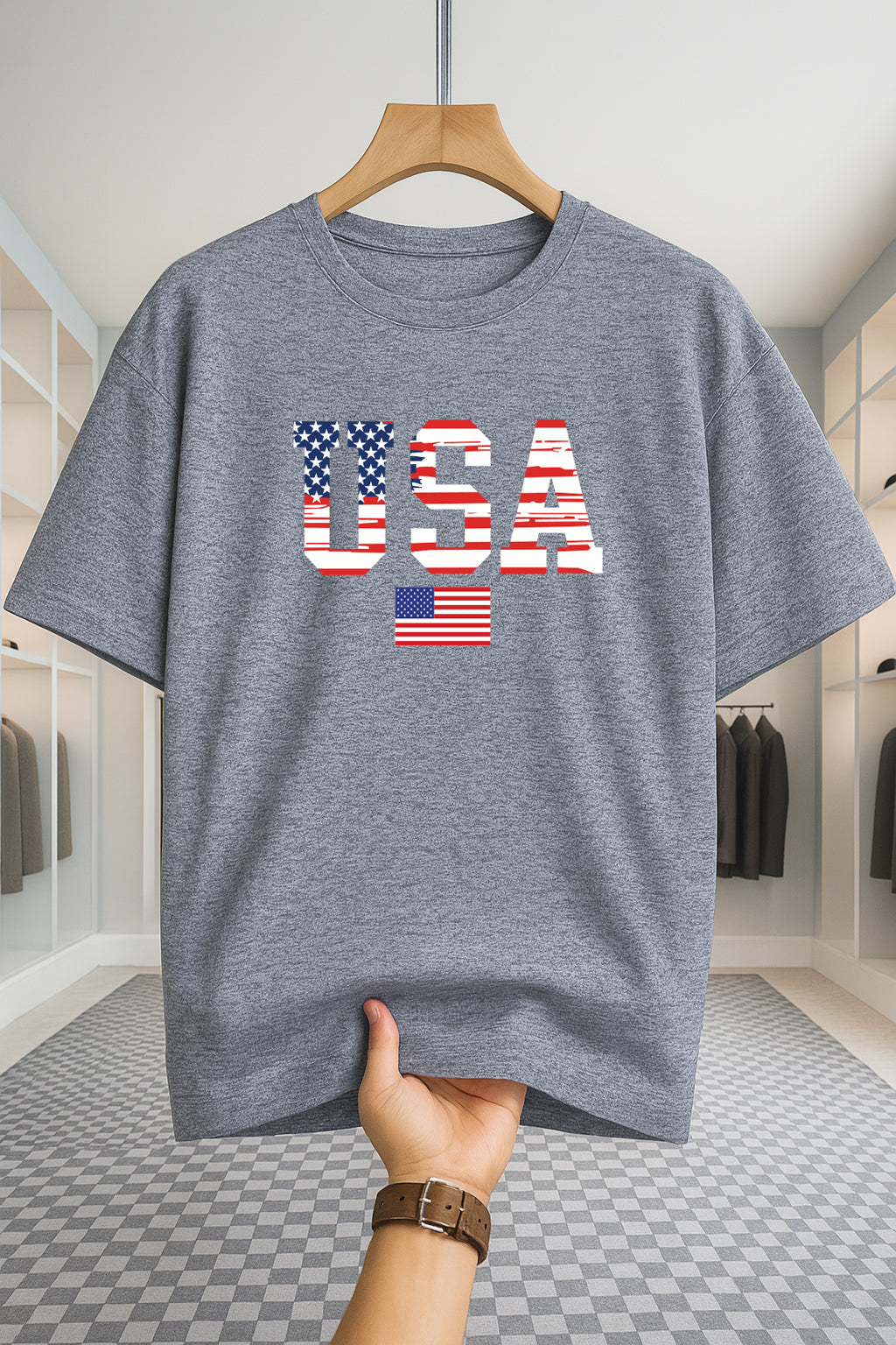 Drop Shoulder T-shirt - USA Star Flag - Ash