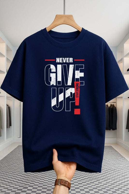 Drop Shoulder T-shirt - Never Give UP - Navy Blue