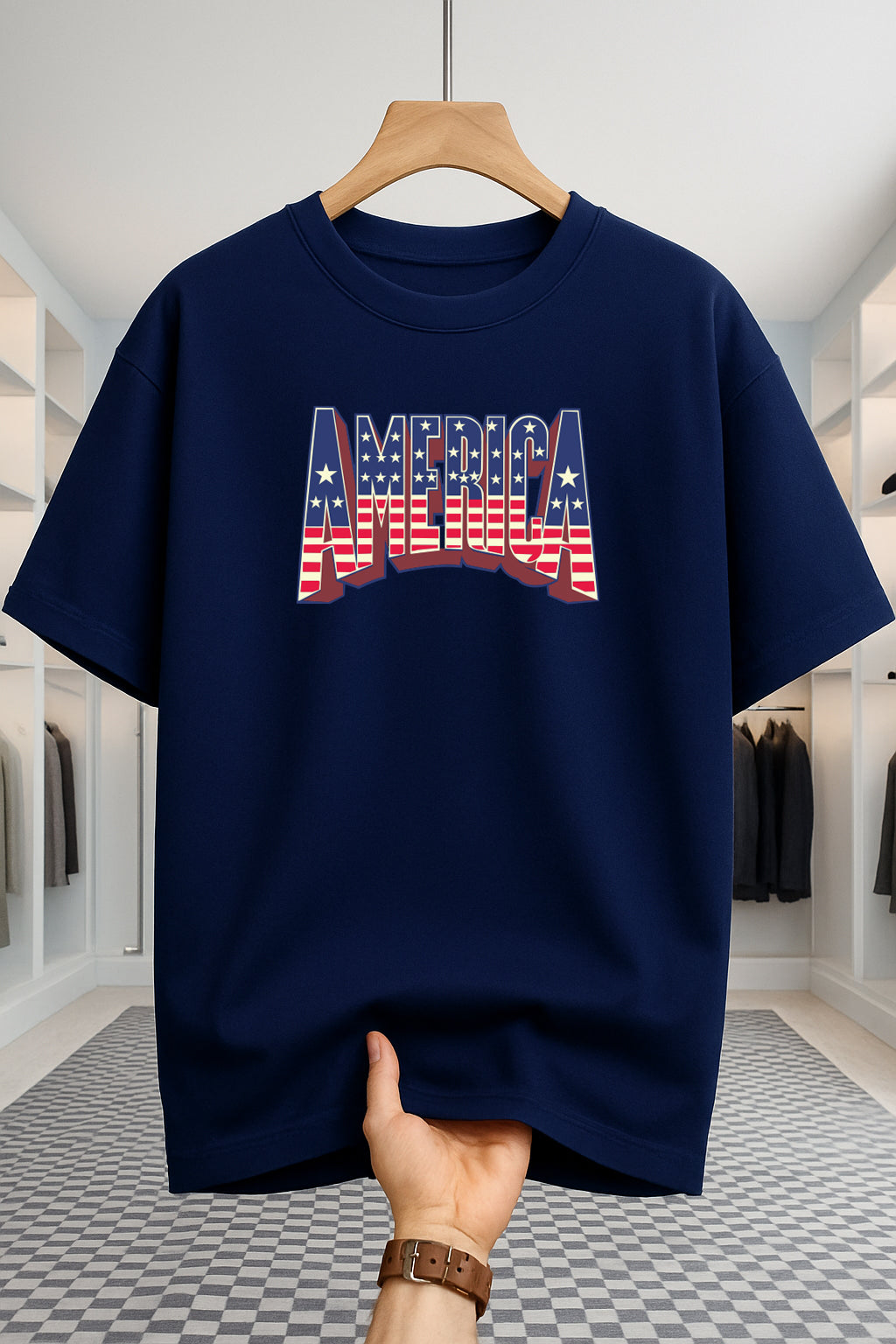 Drop Shoulder T-shirt - America - Navy Blue