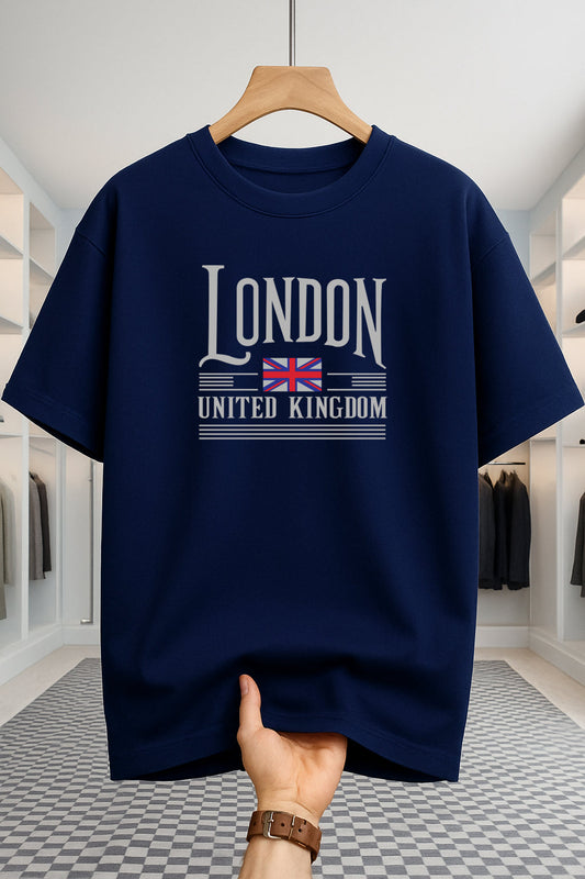 Drop Shoulder T-shirt - London UK Flag - Navy Blue