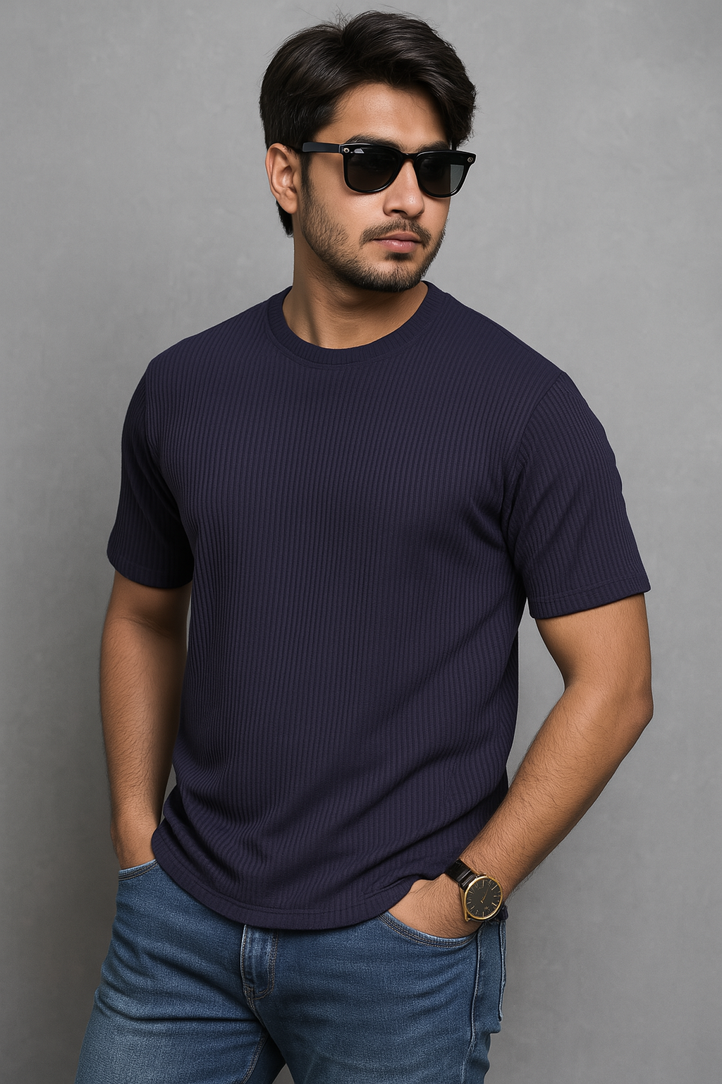 Premium Quality RIB T-shirt - Navy Blue