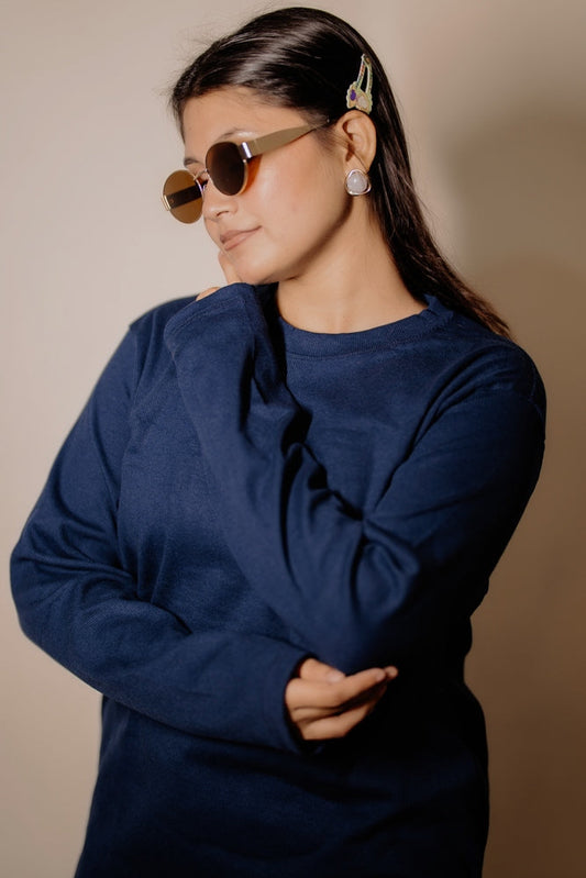 Women's  RIB Cotton Full Sleeve T-shirt - Navy Blue