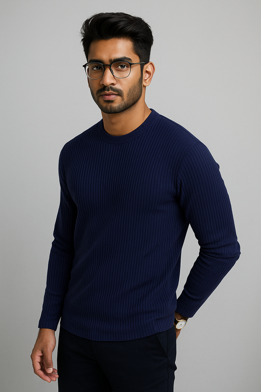 Premium RIB Cotton Full Sleeve T-shirt - Navy Blue