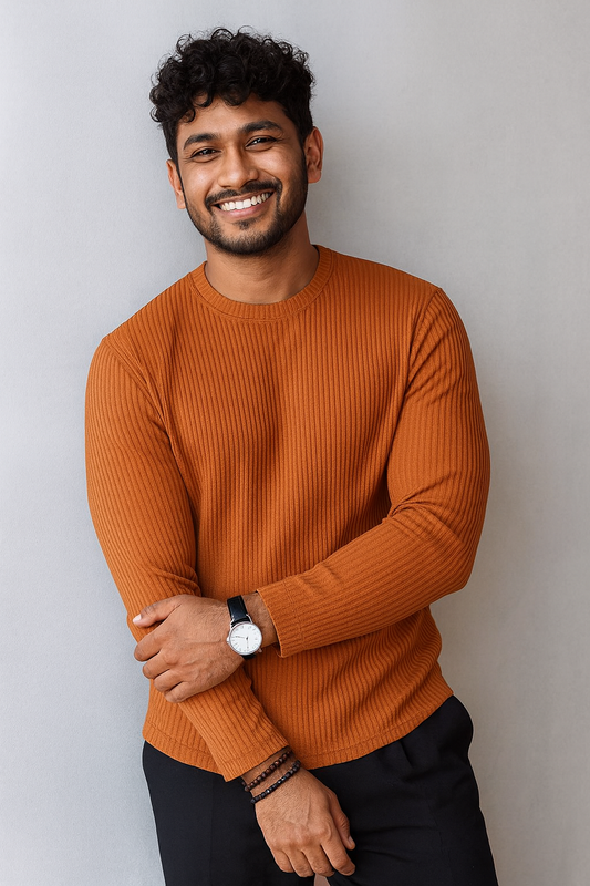 Premium RIB Cotton Full Sleeve T-shirt - Orange