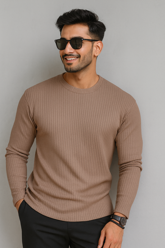 Premium RIB Cotton Full Sleeve T-shirt -  Pastel Brown