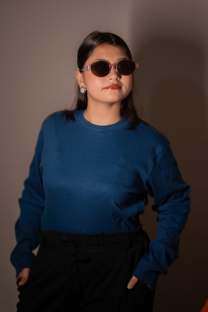 Women's  RIB Cotton Full Sleeve T-shirt - Petrol Blue