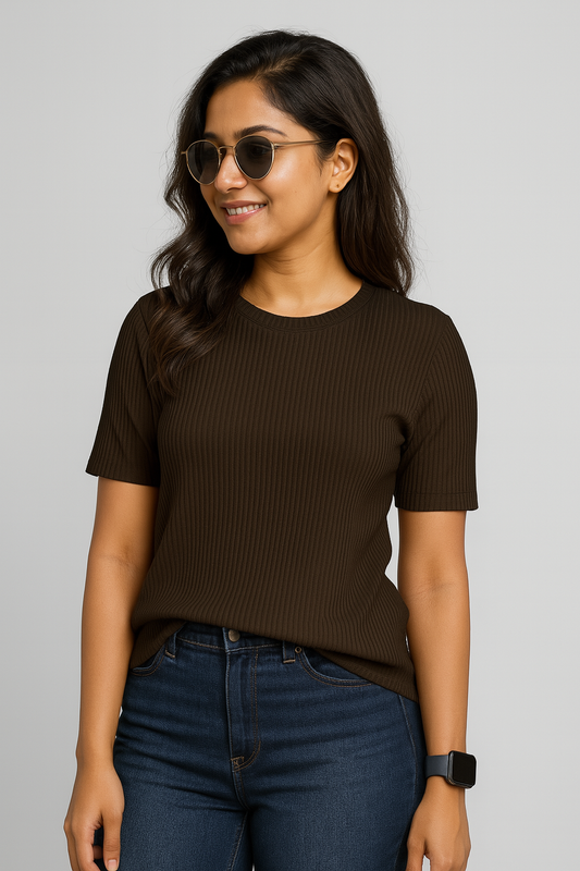 Premium Quality RIB T-shirt for Women - Coffee